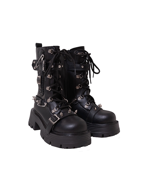 Motorcycle Girls Series Spring Autumn Pure Color Trendy Cool Rivets Thick-Soled Lace-Up Short Boots Punk Lolita Boots