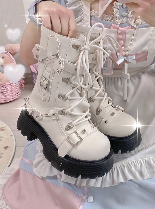 Motorcycle Girls Series Spring Autumn Pure Color Trendy Cool Rivets Thick-Soled Lace-Up Short Boots Punk Lolita Boots