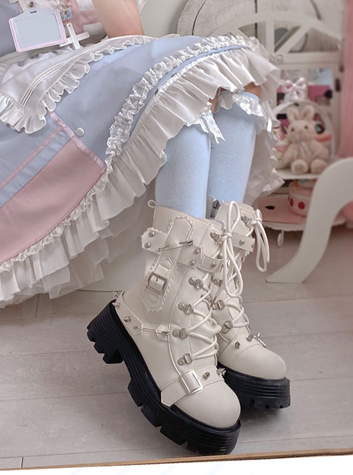 Motorcycle Girls Series Spring Autumn Pure Color Trendy Cool Rivets Thick-Soled Lace-Up Short Boots Punk Lolita Boots