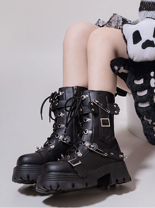 Motorcycle Girls Series Spring Autumn Pure Color Trendy Cool Rivets Thick-Soled Lace-Up Short Boots Punk Lolita Boots