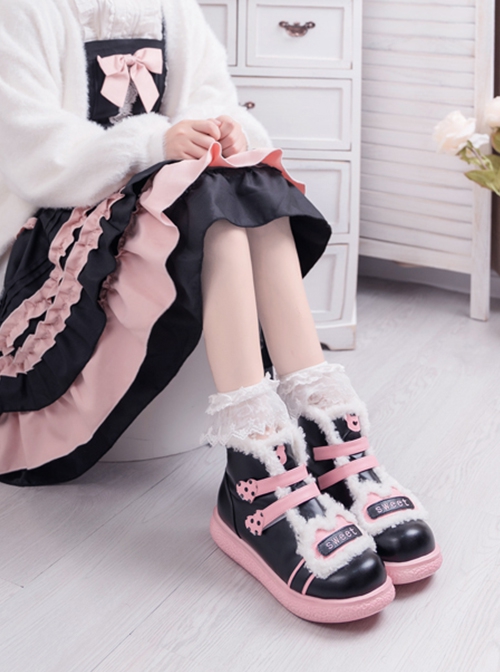 Sweet Round Toe Color-Block Thick-Soled Short Tube Plush Martin Boots Sweet Lolita Boots