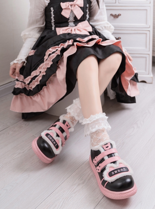 Sweet Round Toe Color-Block Thick-Soled Short Tube Plush Martin Boots Sweet Lolita Boots