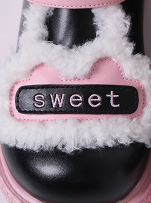 Sweet Round Toe Color-Block Thick-Soled Short Tube Plush Martin Boots Sweet Lolita Boots