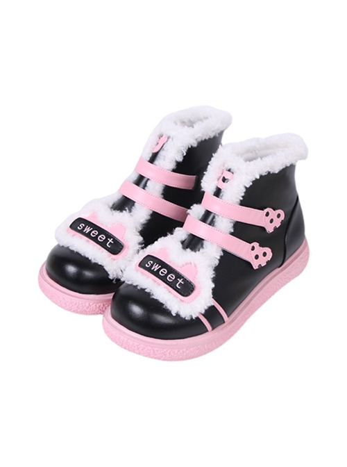 Sweet Round Toe Color-Block Thick-Soled Short Tube Plush Martin Boots Sweet Lolita Boots