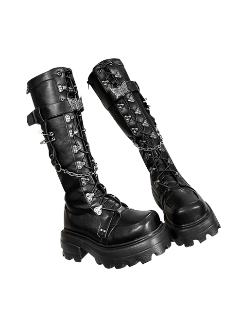 Punk Style All-Match Autumn Winter Square Head Butterfly Metal Chain Decoration Lace-Up Tall Martin Boots Punk Lolita Boots