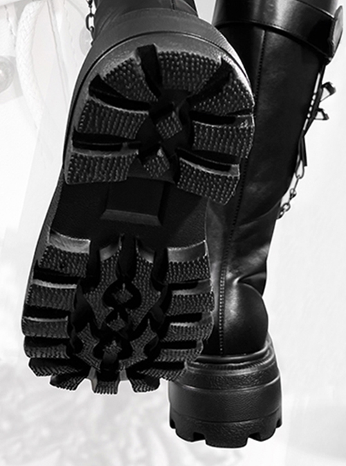 Punk Style All-Match Autumn Winter Square Head Butterfly Metal Chain Decoration Lace-Up Tall Martin Boots Punk Lolita Boots