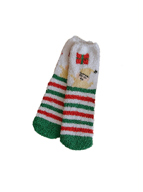 Red Green Striped Elk Christmas Coral Fleece Winter Warm Plush Classic Lolita Socks