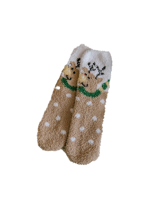 Red Green Striped Elk Christmas Coral Fleece Winter Warm Plush Classic Lolita Socks