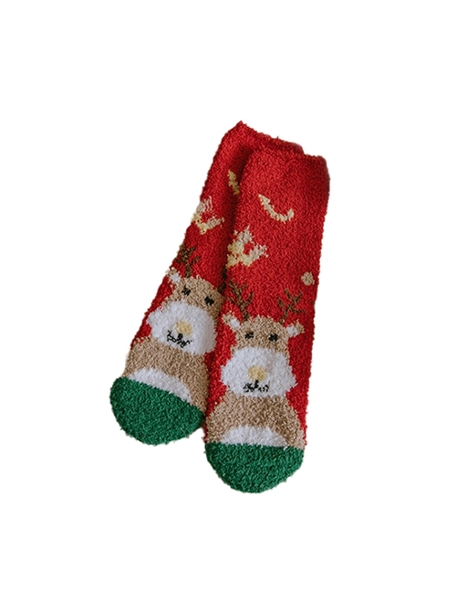 Red Green Striped Elk Christmas Coral Fleece Winter Warm Plush Classic Lolita Socks