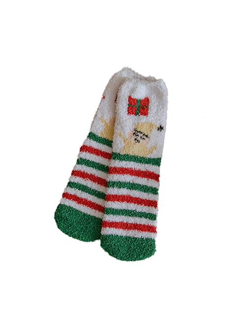 Red Green Striped Elk Christmas Coral Fleece Winter Warm Plush Classic Lolita Socks