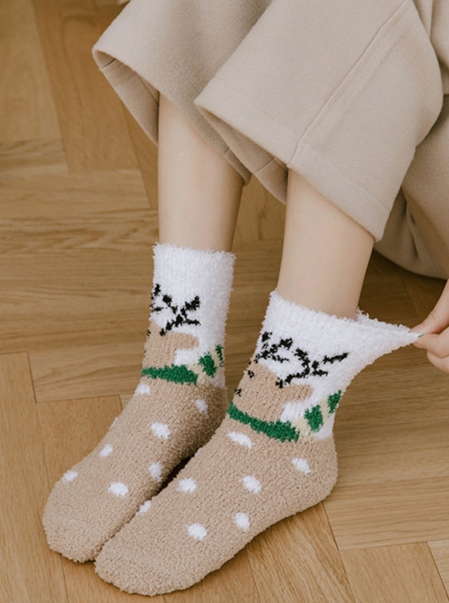 Red Green Striped Elk Christmas Coral Fleece Winter Warm Plush Classic Lolita Socks