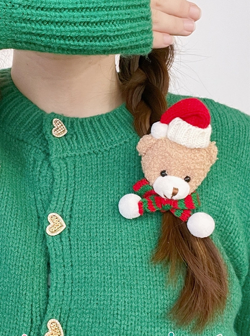 Red Green Scarf Plush Little Bear Christmas Gift Brooch Hairpin Dual-Use Classic Lolita Hair Clip