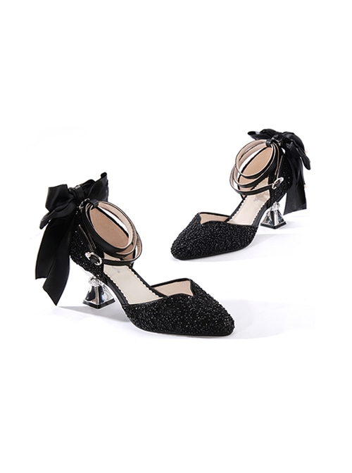 Deep Sea Girls Series Elegant Pearl Glitter Powder Unilateral Bow-Knot Design High Heels Classic Lolita Shoes
