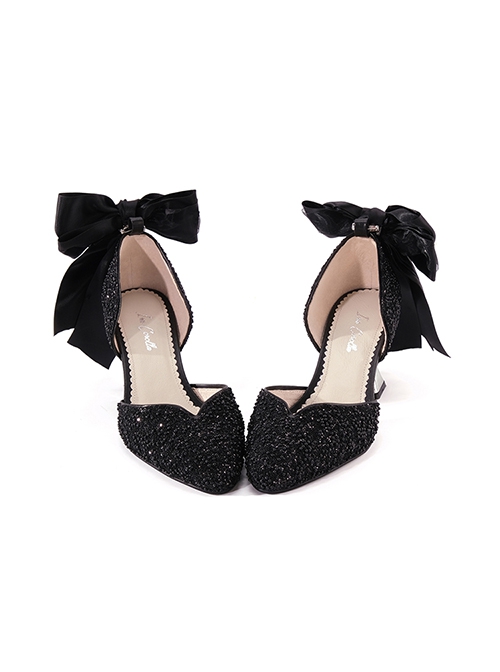 Deep Sea Girls Series Elegant Pearl Glitter Powder Unilateral Bow-Knot Design High Heels Classic Lolita Shoes