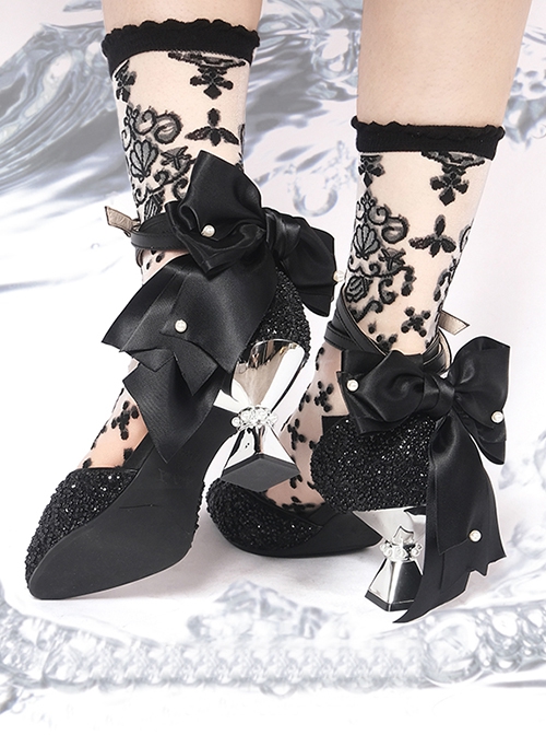 Deep Sea Girls Series Elegant Pearl Glitter Powder Unilateral Bow-Knot Design High Heels Classic Lolita Shoes