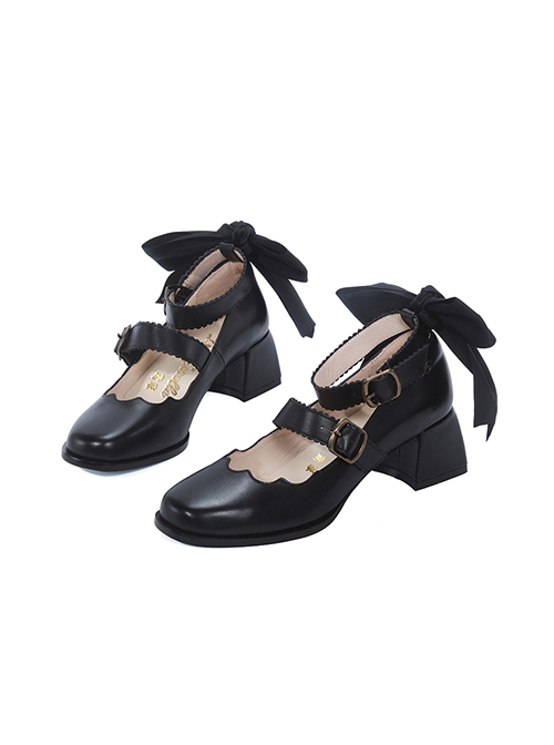 Goodbye Tulip Series Solid Color Mary Jane Thick Heel Satin Ribbon Bow-Knot Classic Lolita Shoes