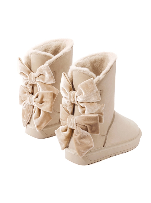 Solid Color Imitation Rabbit Fur Thickened Autumn Winter Short Tube Velvet Bow-Knot Snow Boots Classic Lolita Boots