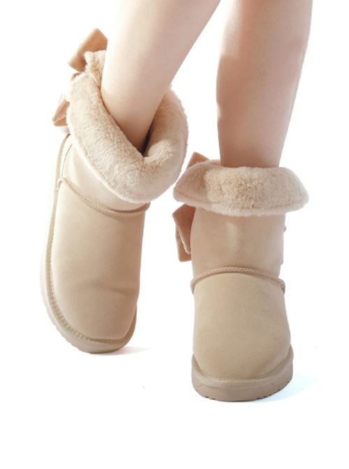 Solid Color Imitation Rabbit Fur Thickened Autumn Winter Short Tube Velvet Bow-Knot Snow Boots Classic Lolita Boots