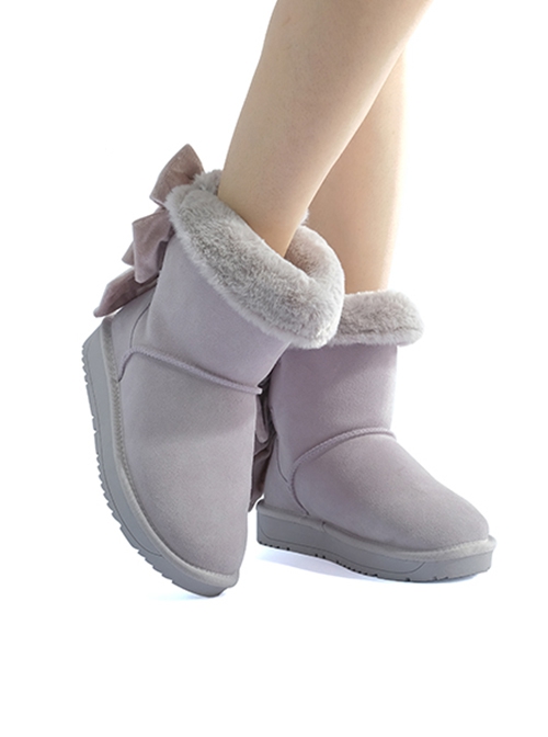 Solid Color Imitation Rabbit Fur Thickened Autumn Winter Short Tube Velvet Bow-Knot Snow Boots Classic Lolita Boots