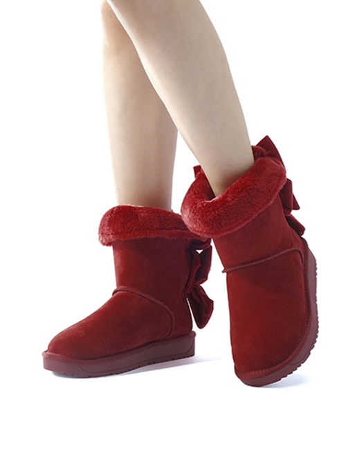 Solid Color Imitation Rabbit Fur Thickened Autumn Winter Short Tube Velvet Bow-Knot Snow Boots Classic Lolita Boots