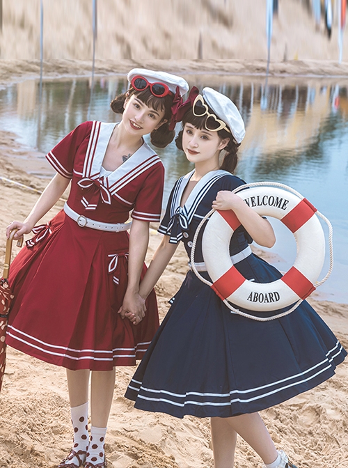Solid Color Vintage Navy Style Stripe Lapel Bow-Knot Decorate Short Sleeve Short Coat Lace Up Backless Dress Classic Lolita Sleeveless Dress Set