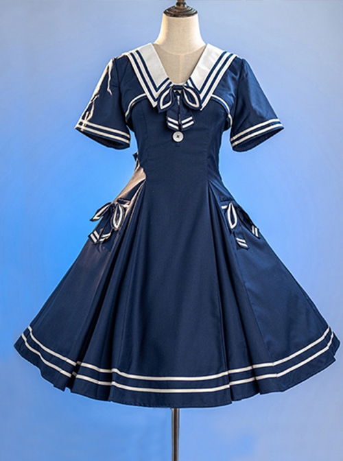 Solid Color Vintage Navy Style Stripe Lapel Bow-Knot Decorate Short Sleeve Short Coat Lace Up Backless Dress Classic Lolita Sleeveless Dress Set