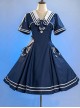 Solid Color Vintage Navy Style Stripe Lapel Bow-Knot Decorate Short Sleeve Short Coat Lace Up Backless Dress Classic Lolita Sleeveless Dress Set