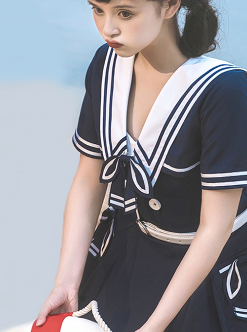 Solid Color Vintage Navy Style Stripe Lapel Bow-Knot Decorate Short Sleeve Short Coat Lace Up Backless Dress Classic Lolita Sleeveless Dress Set