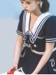 Solid Color Vintage Navy Style Stripe Lapel Bow-Knot Decorate Short Sleeve Short Coat Lace Up Backless Dress Classic Lolita Sleeveless Dress Set
