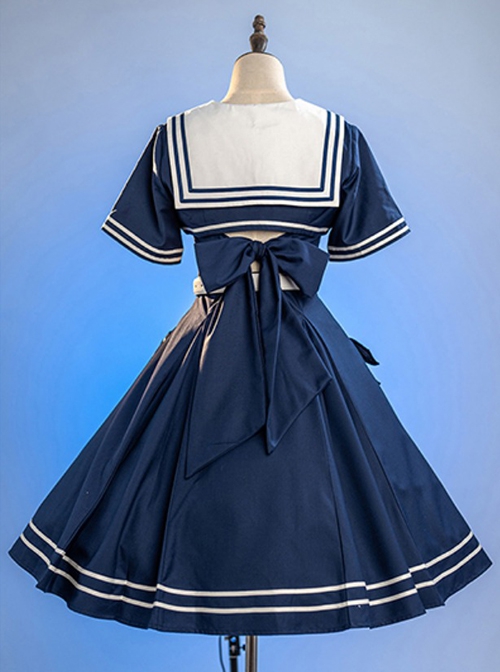 Solid Color Vintage Navy Style Stripe Lapel Bow-Knot Decorate Short Sleeve Short Coat Lace Up Backless Dress Classic Lolita Sleeveless Dress Set