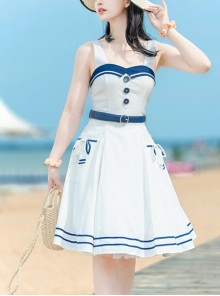 Vintage Navy Style Striped Bow-Knot Lapel Short Sleeve Short Coat Backless Striped Hem Dress Classic Lolita Sleeveless Dress Set