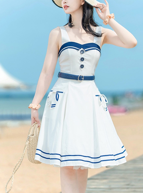 Vintage Navy Style Striped Bow-Knot Lapel Short Sleeve Short Coat Backless Striped Hem Dress Classic Lolita Sleeveless Dress Set