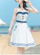 Vintage Navy Style Striped Bow-Knot Lapel Short Sleeve Short Coat Backless Striped Hem Dress Classic Lolita Sleeveless Dress Set