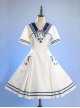 Vintage Navy Style Striped Bow-Knot Lapel Short Sleeve Short Coat Backless Striped Hem Dress Classic Lolita Sleeveless Dress Set