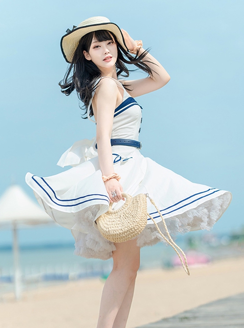 Vintage Navy Style Striped Bow-Knot Lapel Short Sleeve Short Coat Backless Striped Hem Dress Classic Lolita Sleeveless Dress Set