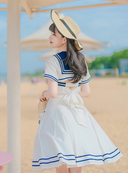 Vintage Navy Style Striped Bow-Knot Lapel Short Sleeve Short Coat Backless Striped Hem Dress Classic Lolita Sleeveless Dress Set