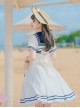 Vintage Navy Style Striped Bow-Knot Lapel Short Sleeve Short Coat Backless Striped Hem Dress Classic Lolita Sleeveless Dress Set