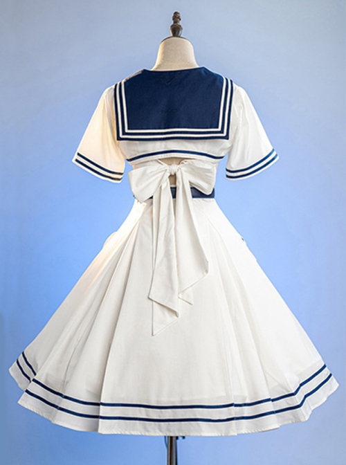 Vintage Navy Style Striped Bow-Knot Lapel Short Sleeve Short Coat Backless Striped Hem Dress Classic Lolita Sleeveless Dress Set