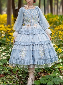 Melaleuca Lily Series Elegant Square Neck Lily Embroidery Polka Dot Lace Long-Sleeved Blouses Classic Lolita Skirt Set