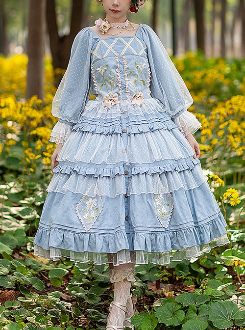 Melaleuca Lily Series Elegant Square Neck Lily Embroidery Polka Dot Lace Long-Sleeved Blouses Classic Lolita Skirt Set