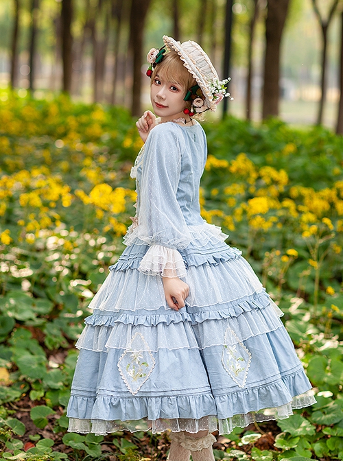Melaleuca Lily Series Elegant Square Neck Lily Embroidery Polka Dot Lace Long-Sleeved Blouses Classic Lolita Skirt Set