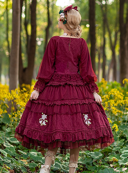 Melaleuca Lily Series Elegant Square Neck Lily Embroidery Polka Dot Lace Long-Sleeved Blouses Classic Lolita Skirt Set