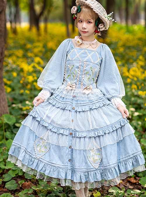 Melaleuca Lily Series Elegant Square Neck Lily Embroidery Polka Dot Lace Long-Sleeved Blouses Classic Lolita Skirt Set