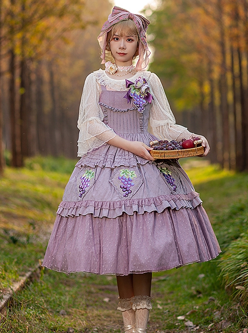 Grape Manor Series Solid Color Jacquard Grape Embroidery Elegant Classic Lolita Sleeveless Dress