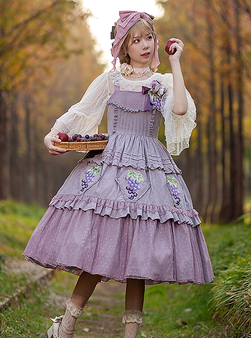 Grape Manor Series Solid Color Jacquard Grape Embroidery Elegant Classic Lolita Sleeveless Dress