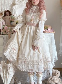 Retro Ruffle Stand Collar Puff Sleeves Detachable Long Sleeves Pearl Bow-Knot Decoration Classic Lolita Long Sleeves Short Sleeves Two-Wear Dress