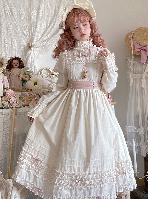 Retro Ruffle Stand Collar Puff Sleeves Detachable Long Sleeves Pearl Bow-Knot Decoration Classic Lolita Long Sleeves Short Sleeves Two-Wear Dress