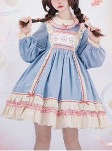 Asymmetric Ruffle Round Neck Cherry Print Lace Stitching Lantern Sleeve Ruffle Hem Sweet Lolita Long Sleeve Dress