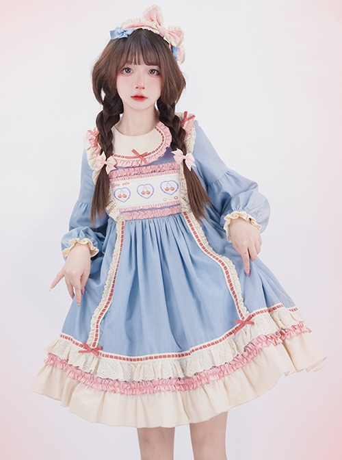 Asymmetric Ruffle Round Neck Cherry Print Lace Stitching Lantern Sleeve Ruffle Hem Sweet Lolita Long Sleeve Dress