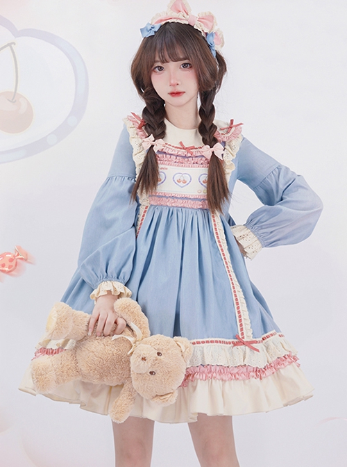 Asymmetric Ruffle Round Neck Cherry Print Lace Stitching Lantern Sleeve Ruffle Hem Sweet Lolita Long Sleeve Dress